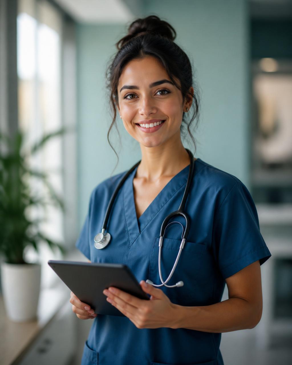 A licensed registered nurse holding a tablet, ready to review new healthcare job matches